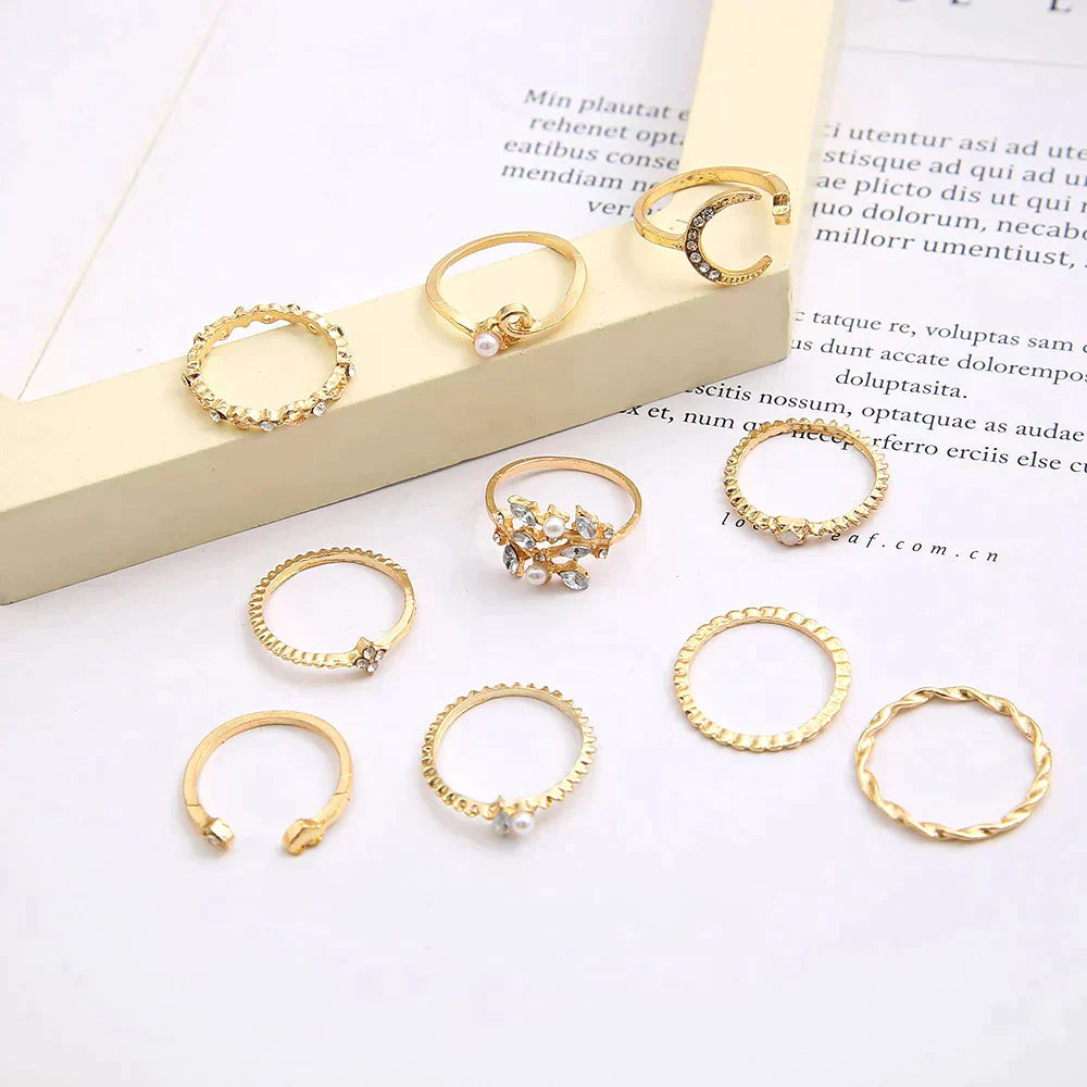 Set of 10 silver and gold-plated bohemian rings